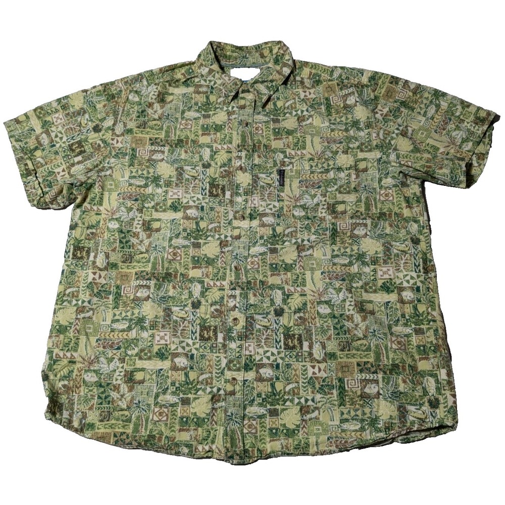 COLUMBIA Men XL Green Cotton Viscose FISH ABSTRACT Allover Print Button Shirt